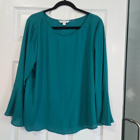 Vibrant Teal Bell-Sleeve Blouse | Flowy Chiffon Top for Work or Evening - Picture 1 of 4